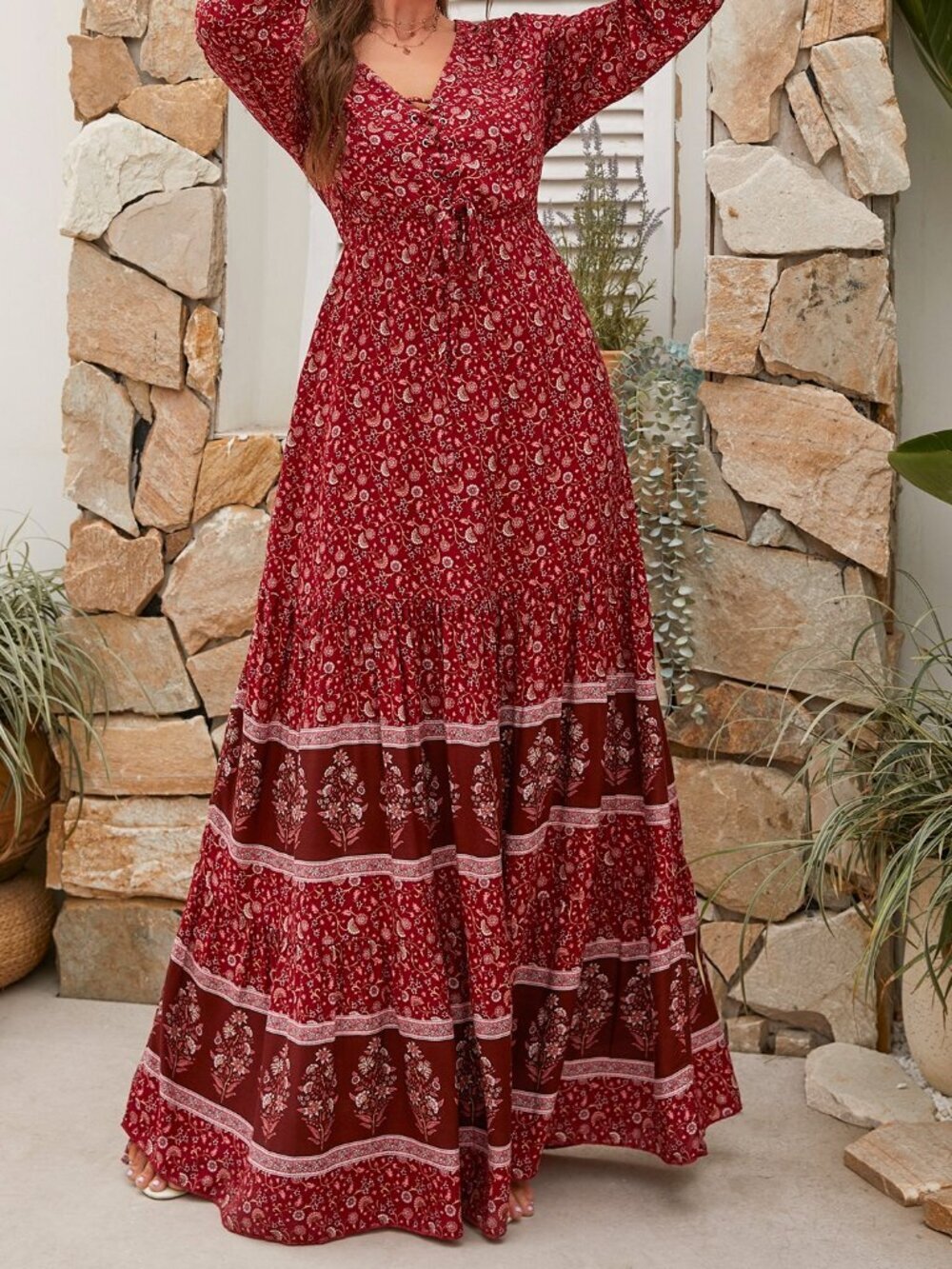 Red Boho Women's Floral Print Knot Front Flounce Sleeve Ruffle Hem Dress
